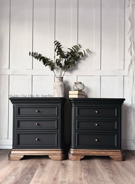 SOLD Rich Matte Black Nightstands Shipping NOT Included in Price. Please DM for Shipping Quote Before Purchasing - Etsy Wood Top Nightstand, Diy Distressed Black Furniture, Black Accent Master Bed, Matt Black Furniture, Brown Bed Black Nightstand, Black Dresser With Stained Drawers, Black Dresser And Nightstand Set, Black Two Tone Dresser, Black And Wood Dressers