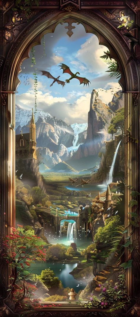 80 Fantasy Window Scenes of mountains, dragons, waterfalls, castles, and villages Castle With Waterfall, Dragon Den Fantasy Art, Whimsical Phone Wallpaper, Fantasy Scene Inspiration, Feyre And Rhysand Under The Mountain, Fantasy Mountain Castle, Fantasy Wedding Art, Fantasy Village Aesthetic, Fantasy Doorway