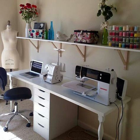 Custom built desk to hold sewing machine, computer, silhouette, and laptop. Sewing Station, Sewing Room Inspiration, Sewing Spaces, Sewing Room Design, Dream Craft Room, Sewing Room Organization, Trendy Sewing, Quilting Room, Sewing Space