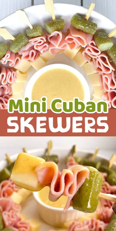 A super easy make-ahead appetizer for any party or family gathering! No baking and no skills required to make this yummy cold finger food. This skewered version of a Cubano sandwich is a fun way to get all the same flavors without the guilt. They are gluten free, keto friendly and so delicious. If you're looking for simple party food ideas, these fun little kabobs are the way to go! Skewers Appetizers Cold, One Bite Appetizers Make Ahead, Simple Party Food Ideas, Sandwich Skewers, Cuban Appetizers, Simple Party Food, Easy Make Ahead Appetizers, One Bite Appetizers, Cold Finger Foods