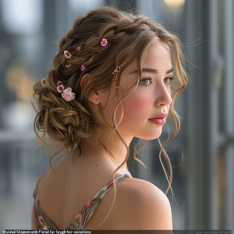 Fairy Hairstyle Medium Hair, Pink Flower Hairstyle, Prom Hair With Pins, Romantic Tuck Hairstyle, Ethereal Aesthetic Hairstyles, Fairy Braided Hairstyles, Fairy Hairstyles For Medium Hair, Fairy Look Hair, Floral Updo Hairstyles