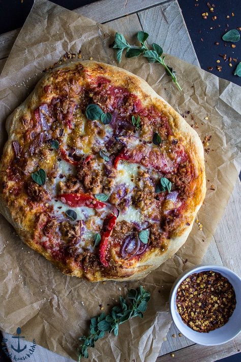 Spicy Sausage Pizza with Roasted Red Pepper and Onion Beach House Kitchen, Onion Pizza, Sausage Pizza, Hot Italian Sausage, Homemade Dough, Spicy Sausage, Pizza Recipes Homemade, Flatbread Pizza, Roasted Red Pepper