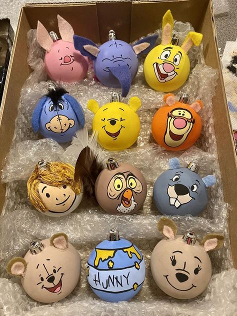 Winnie The Pooh Lovers | Hi everyone! I am new to the group, and wanted to share these ornaments I just finished painting | Facebook Diy Winnie The Pooh Ornaments, Winnie The Pooh Ornaments Diy, Winnie The Pooh Gift Ideas, Winnie The Pooh Ornaments, Minion Christmas, Pooh Christmas, Ornaments Ideas, Disney Christmas Ornaments, Winnie The Pooh Christmas