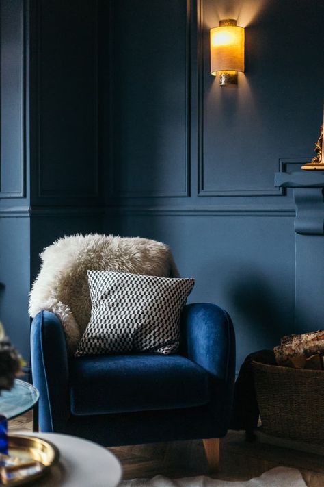 Hauge Blue Paint, Hallway Wall Colors, Farrow And Ball Living Room, Dark Blue Living Room, Small Sectional Sofa, Navy Blue Living Room, Snug Room, Hague Blue, Wooden Sofa Set Designs