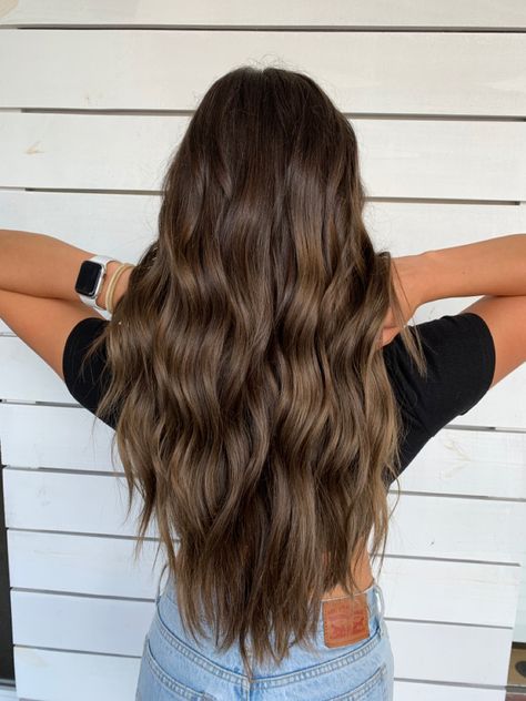 Long Hair Styles With Layers Brunette Caramel Highlights, Chestnut Brown Hair With Dimension, Light Brunette Hair Solid, Solid Cool Brown Hair, Natural Burnett Hair, Brown Hair With No Red Tones, Brown Hair With No Highlights, Long Brown Hair Inspiration, Brown Hair Colors No Highlights