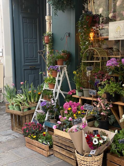 Little flower shop // Paris Flower Shop Entrance, Flower Shop Decor Ideas, Japanese Flower Shop, Flower Shop Interiors Design Florists, Floral Shop Interior, Vintage Flower Shop, Flowershop Aesthetic, Florist Aesthetic, Flower Shop Aesthetic