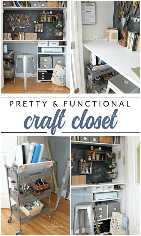 Designing a Closet Desk and Functional Home Work Space - The Crazy Craft Lady Closet To Craft Space, Closet Craft Space, Closet Desks, Small Closet Office, Crafts Closet, Crafting Closet, Wrapping Room, Sewing Cupboard, Converted Closet