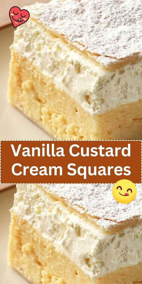 Step into a world of flaky delight and creamy indulgence Custard Cream Squares, Creamy Dessert Recipes, Custard Cake Recipes, Custard Cream, Custard Desserts, Dessert Bar Recipe, Custard Recipes, Vanilla Custard, Creamy Desserts