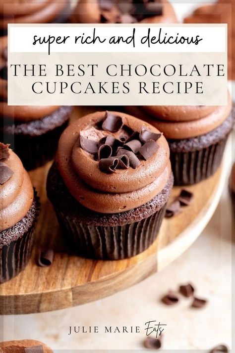 Wondering how to make the perfect chocolate cupcakes from scratch? Julie Marie Eats shares this easy chocolate cupcake recipe with smooth chocolate buttercream perfect as birthday cupcakes for a chocolate dessert lover or for any party dessert idea. Follow for more homemade dessert ideas and baking tips. Best Chocolate Cupcake Recipe Moist, The Best Chocolate Cupcakes Ever, Best Easy Cupcakes, Crave Cupcakes Copycat Recipe, Milk Chocolate Cupcake Recipe, Best Chocolate Frosting For Cupcakes, Coffee Chocolate Cupcakes, Rich Chocolate Cupcake Recipe, Chocolate Chocolate Cupcakes