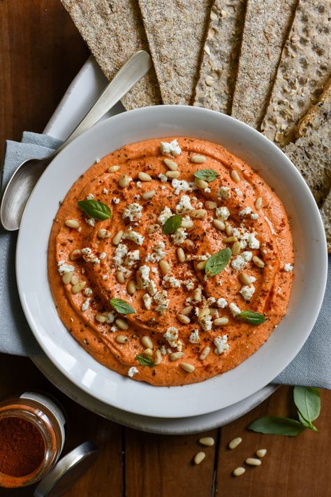 Roasted Red Pepper Dip Red Pepper Dip Recipe, Pepper Dip Recipe, Roasted Peaches, Roasted Red Pepper Dip, Red Pepper Dip, Pepper Dip, Stuffed Pepper Dip, Feta Dip, Creamy Dip