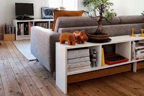 I really like this idea for a room divider bookcase behind the sofa. Can anyone suggest a bookshelf that will go behind the IKEA KIVIK sofa? Bookcase Behind Sofa, Bookcase Divider, Divided Living Room, Room Divider Diy, Sofa Shelf, Divider Bookcase, Kivik Sofa, Room Divider Bookcase, Sofa Room