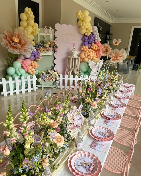 A bunny party 🐰 Bunnies! This was the sweetest theme to work with! Super pretty celebration for Arabella and Matilda’s 5th birthday 🎁 A dreamy tea party filled with bunnies and flowers 🌷 Happy birthday girls 💕 Event planning and styling @mylittleteaparty Backdrops and balloons @theglitzyballooncompany Artwork @shinyhappyparty Bags @makeitfridayuk Large faux flowers @ketiestory #mylittleteaparty #eventplanner #bunnyparty #rabbitparty #bunniesandflowers #5thbirthdayideas #kidspartyplann... Bunny Tea Party, Bunny 1st Birthday Party Girl, Easter Birthday Party, Girls Tea Party, Easter Birthday, Happy Birthday Girls, Bunny Party, Baby Party, Party Girls