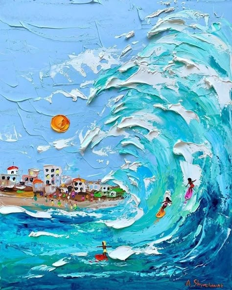 Club Painting, Beta Club, Paint Beach, Surf Painting, Oil Painting Inspiration, Fabric Collage, Beach Water, 캐릭터 드로잉, Canvas Painting Diy