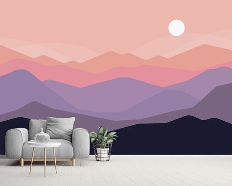 Ombre Accent Wall, Zen Background, Ombre Mountains, Paper Mural, Silhouette Wallpaper, Landscape Silhouette, Mountain Mural, Japanese Nature, Murals Wallpaper