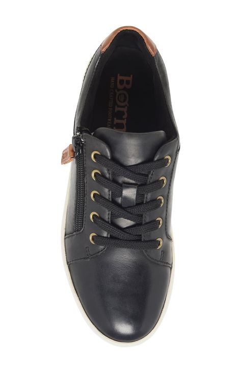 A quick side-zip closure and lace-up vamp lend an easy-on fit to this breathable leather sneaker born for casual days. Cushioned insole Leather upper/textile lining/rubber sole Imported Leather Sneakers, Side Zip, Nordstrom Rack, Womens Sneakers, Rubber Sole, Leather Upper, Black Leather, Nordstrom, Lace Up