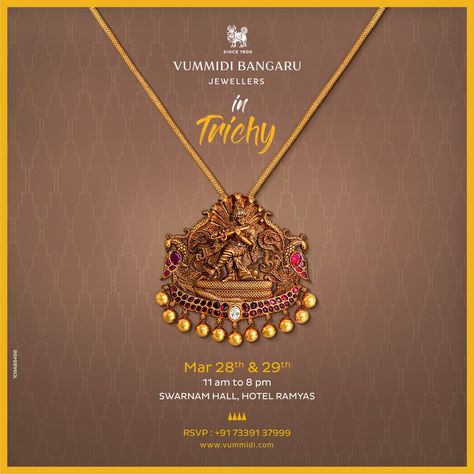 Vummidi Bangaru Jewellers is coming to Trichy with our exquisite range of South Indian heritage jewellery. Visit our exhibition at Hotel Ramyas, Swarnam Hall on 28th and 29th March 2022 from 11 AM to 8 PM and pick your favourites at the best prices. #Vummidibangaru #VBJMoments #VBJexhibition #trichy #southindianjewellery Indian Heritage Jewellery, Vummidi Bangaru Jewellers, Heritage Jewellery, South Indian Jewellery, Indian Heritage, Diamond Jewellery, Diamond Jewelry, Diamond Necklace, Gold Necklace