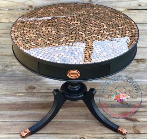 Coin, resin table top Coin Table Top, Resin Table Top Diy, Penny Table Top, Penny Decor, Penny Table Tops, Table Top Ideas, Table With Resin, Diy Furniture Upgrade, Painted Dining Room Table