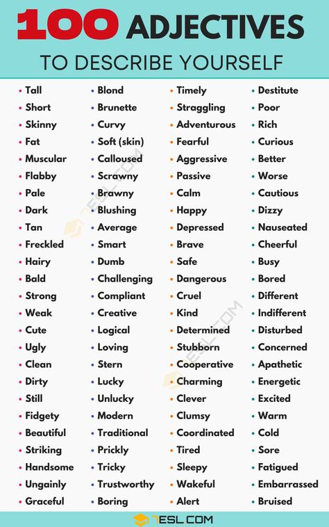 List of 100 Best Adjectives to Describe Yourself 1 Adjectives To Describe Yourself, Good Adjectives, Describe Myself, Adjective Words, List Of Words, English Adjectives, Words To Describe Yourself, Words That Describe Me, Ielts Writing