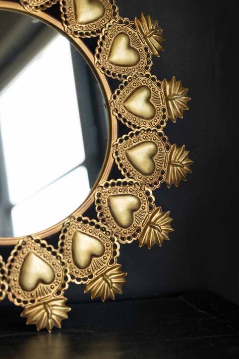 Gold Milagro Heart Mirror | Rockett St George Creative Mirror Frame Ideas Diy, Kitchen Walls Decorating Ideas, Decorate Mirror, Wall Of Mirrors, Rounded Wall, Gold Frame Mirror, Art Deco Heart, Milagro Heart, Gold Framed Mirror