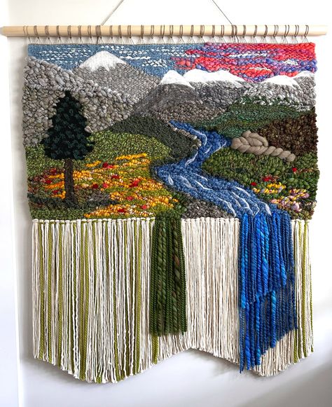 Hand Woven Mountain Meadow Scenic Tapestry Large Wall Hanging - Etsy UK Contemporary Tapestries, Mountain Meadow, Mountain Tapestry, Large Wall Hanging, Spin Art, Cat Hammock, Weaving Projects, Weaving Art, Tapestry Weaving