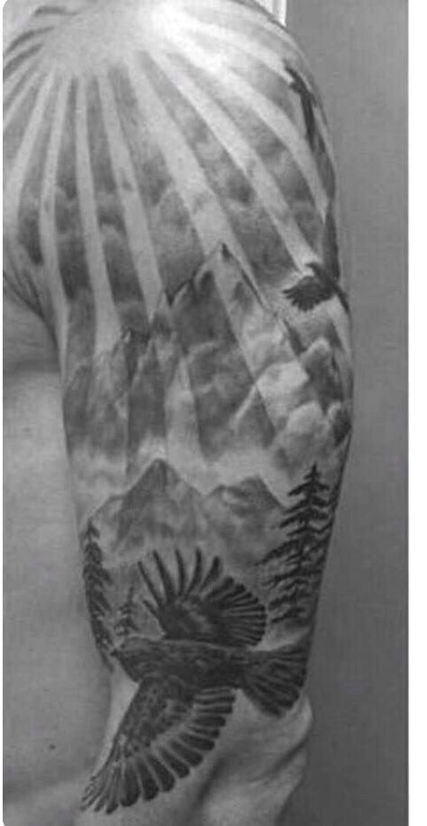 Sun And Clouds Tattoo Sleeve, Nature Shoulder Tattoo Men, Sun Through Clouds Tattoo, Sun Rays Tattoo Shoulder, Sun Tattoo Men Shoulder, Mountain Tattoo Shoulder, Cloud Tattoo Sleeve Heavens, Cloud Tattoo Shoulder, Sun Sleeve Tattoo