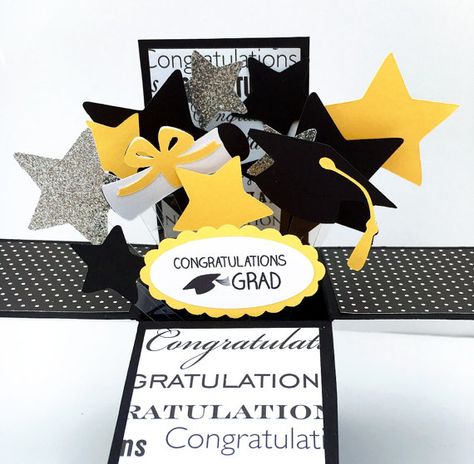 3D Graduation Card - Graduation Pop Up Card - Congratulations Grad - Stars, Cap and Diploma Explosion Card - Card in A Box - Cards for Grads Explosion Card, Graduation Party Photo Booth, Cap And Diploma, High School Graduation Party Decorations, Graduation Cards Handmade, Graduation Party Games, Pop Up Card Templates, Graduation Party Themes, Grad Cards