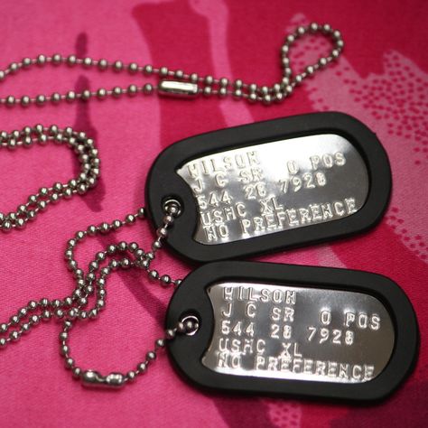 Shiny US Dog Tags, personalised with black  silencers Army Dog Tags, Army Dog Tag, Military Tags, Army Dogs, Embossed Text, Military Dog, Dog Tags Military, Dog Collar With Name, Cute Dog Collars