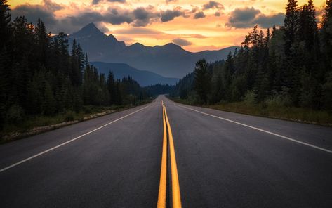 Download wallpapers asphalt road, mountain landscape, sunset, forest, Alberta, Canada Active Wallpaper, 1366x768 Wallpaper, 1366x768 Wallpaper Hd, Desktop Background Images, Country Roads Take Me Home, Mountain Wallpaper, Sunset Wallpaper, Photos Hd, Hd Backgrounds