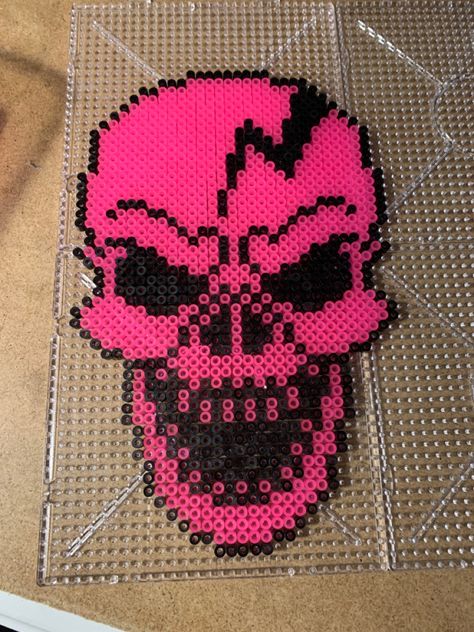 Big Perler Beads Ideas, Perler Bead Patterns Monster High, Perler Bead Skull, Horror Perler Beads, Melted Bead Crafts, Rave Attire, Cross Stitch Skull, Melty Bead Designs, Kandi Cuff Patterns