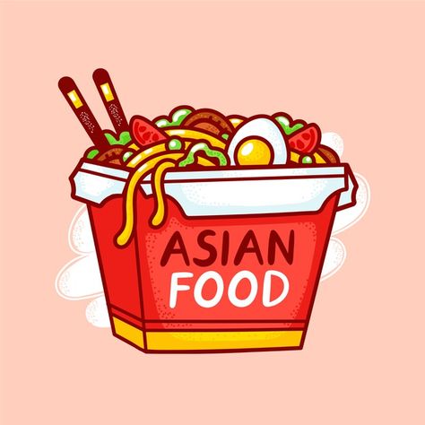 Noodle Box Illustration, Food Illustrations Vector, Cartoon Food Drawings, Food Cartoon Illustration, Noodles Cartoon, Snack Cartoon, Noodle Wok, Line Cartoon, Noodle Doodle