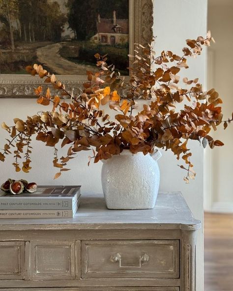 Flat Vase, Natural Fall Decor, Fall Apartment Decor, Big Vase, Eucalyptus Stems, Autumn Interior, Faux Branches, Preserved Eucalyptus, Neutral Fall Decor