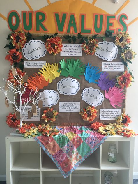 Natural Displays Classroom, Primary School Entrance Ideas, Class Values Display, Classroom Values Display, School Values Display Board, School Entrance Display, Nursery Board Ideas Classroom Displays, Nursery Entrance Ideas Eyfs, Class Charter Display Eyfs