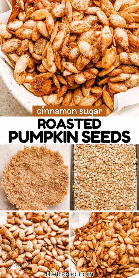 Learn how to make perfectly crispy roasted pumpkin seeds with our foolproof method. They’re a simple, healthy snack that packs a crunch, and with a touch of cinnamon sugar, they're irresistible! You won't want to miss this flavor combo! Cinnamon Sugar Roasted Pumpkin Seeds, Season Pumpkin Seeds, Crispy Pumpkin Seeds, Pumpkin Seeds Recipe Cinnamon Sugar, Pumpkin Seeds Recipe Roasted Sweet, How To Make Pumpkin Seeds, Sweet Pumpkin Seeds Recipe, Sweet And Spicy Pumpkin Seeds Recipe, Sugar Pumpkin Recipes