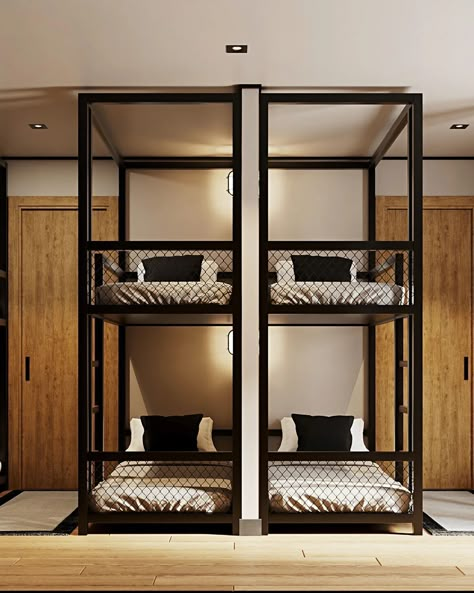 The bunk room in the barndominium, #mancave #mancavedecor Multiple Bunk Beds In One Room, Highschool Design, Dorm Bunk Beds, Prefabricated Building, Garage Design Interior, Sleeping Pods, Hostel Room, Capsule Hotel, Bunk Rooms