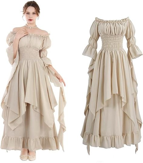 Amazon.com: NSPSTT Victorian Dress Renaissance Costume Women Gothic Witch Dress Medieval Wedding Dress Beige S/M : Clothing, Shoes & Jewelry Rennaisance Dress, Witch Dress Medieval, Midevil Dress, Costume Women Halloween, Medieval Wedding Dress, Medieval Outfit, Dress Medieval, Wedding Dress Costume, Fair Outfits