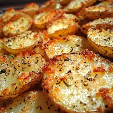 Potato Coins, Parmesan Potato, Veggie Fritters, Garlic Shrimp Pasta, Seasoned Potatoes, Parmesan Potatoes, Lemon Rosemary, Grandmas Kitchen, Crazy Cakes