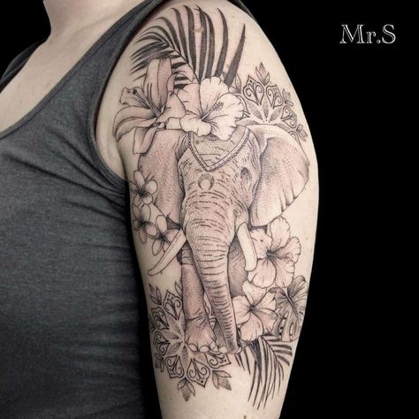 Shoulder Tattoos For Women Elephants, Elephant Arm Sleeve Tattoo, Shoulder Elephant Tattoo, Elephant And Flowers Tattoo, Elephant Half Sleeve Tattoos For Women, Elephant Tattoos Arm Half Sleeves, Elephant And Flowers Tattoo Design, Safari Tattoo Sleeve Women, Elephant And Rose Tattoo