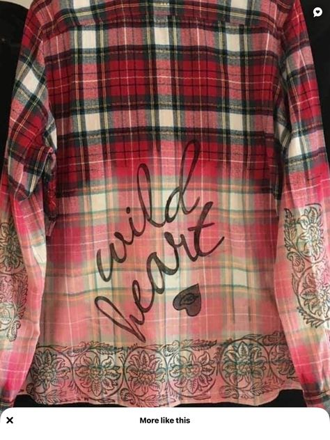 Recycled Flannel Shirts Upcycled Clothing, Slash Shirts, Bleached Flannel Shirts With Designs, Distressing Shirts, Bleached Flannels, Flannel Upcycle, Flannel Shirt Refashion, Bleach Shirt Diy, Shirt Crafts