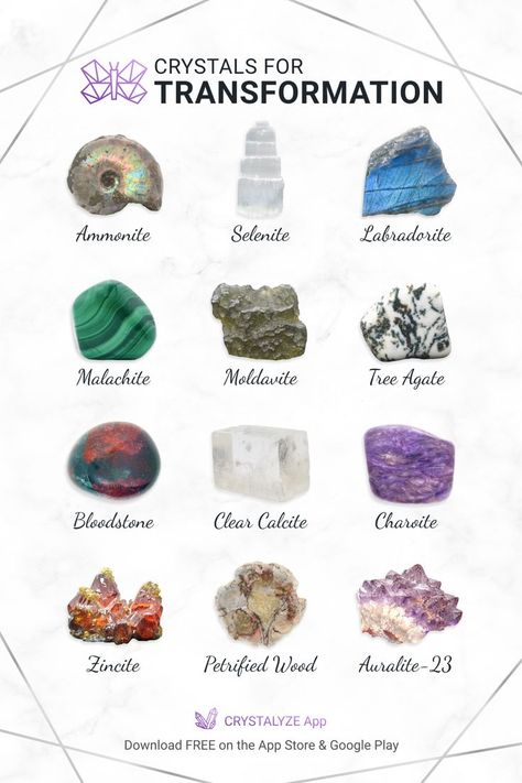 Crystals for Transformation infographic with stone images and names. Best Healing Crystals, Gemstones Chart, Crystal Healing Chart, Crystal Guide, Crystals Healing Properties, Spiritual Crystals, New Experiences, Crystals Stones, Crystal Healing Stones