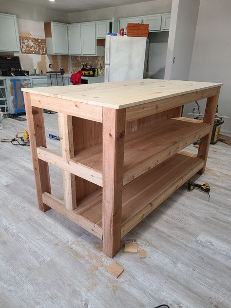 Diy Table Island Kitchen, Cedar Kitchen Island, Simple Diy Kitchen Island, Diy Kitchen Work Table, Build An Island For Kitchen, Easy Kitchen Island Diy, Diy Island Table, Diy Wood Kitchen Island, 1911 Kitchen