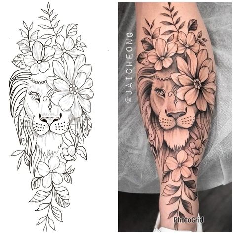 Kb Tattoo, Mandala Tattoo Sleeve Women, Lion Tattoo With Flowers, Lion Leg Tattoo, Calf Tattoos For Women, Mandala Tattoo Sleeve, Upper Arm Tattoos, Tattoo Design Book, E Tattoo