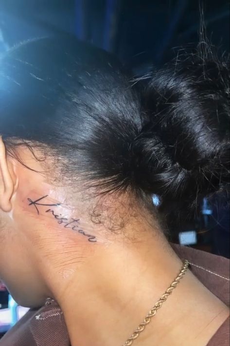 Patchwork, Name Tattoos For Women Behind Ear, Name Tattoos Behind Ear Tat, Name Ear Tattoo, Cute Behind The Ear Tattoos Black Women, Name Tattoos For Women Neck, Behind Ear Name Tattoos For Women, Tat Behind The Ear, Pretty Neck Tattoos Women Small