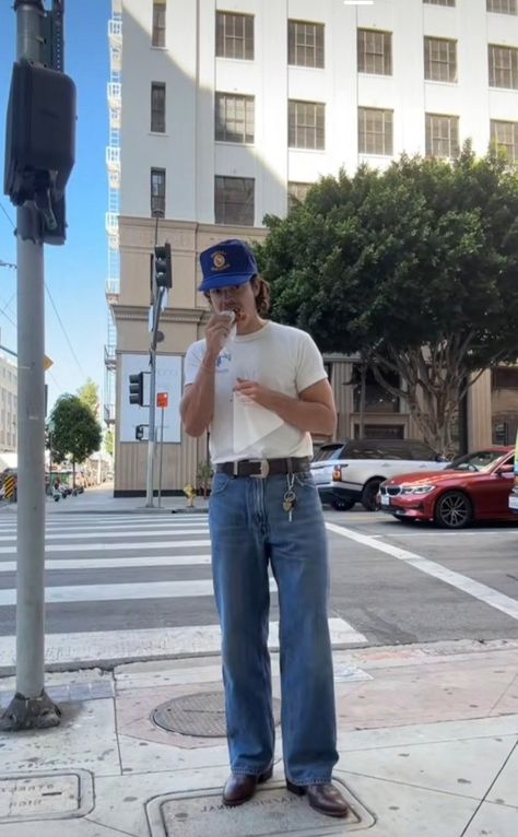 Men’s Flare Jean, Men’s Bootcut Jeans, Mens Bootcut Jeans Outfits, Blue Cap Outfit Men, Bootcut Jeans Outfit Men, Cowboy Boots Men Outfit, Blue Cap Outfit, Mens Thrift Fashion, Cowboy Fits