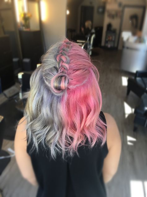 Top Knot / Braid/ Dutch Braid/ pink hair/ silver hair/ pravana / medium length hair/ half and half Half Hair Color Ideas, Half Hair Color, Half And Half Hair Color, Two Color Hair, Half And Half Hair, Split Dyed Hair, Split Hair, Punk Hair, Half And Half