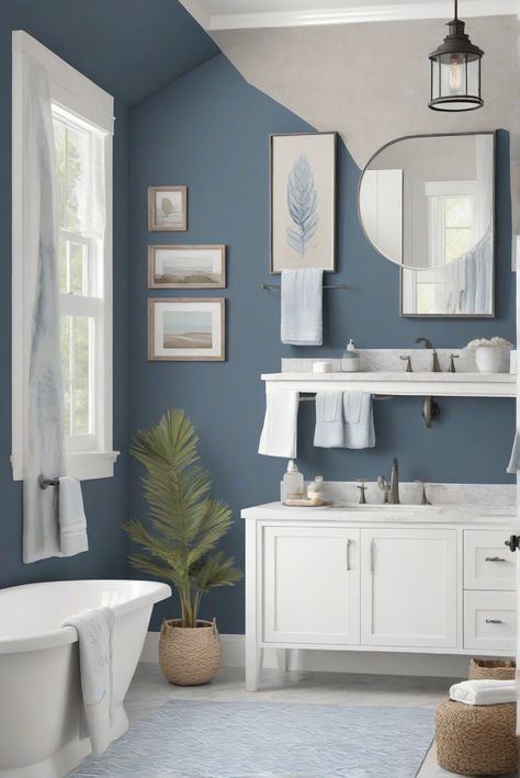 Explore the daily design routine of an interior designer and discover how Charcoal Blue (SW 2739) can create a moody and sophisticated vibe in your coastal bathroom space. Dive in! #Ad #homedecor #homedesign #bathroom #Painthome interiorarchitecture best Wall Colors for Bathroom Colors Bright Room Colors best colors combinations bathroom bathroom Remodeling Modern Paint Colors 2024 Bathroom Blue Gray Paint Colors, Teal Bathroom Ideas Colour Schemes, Ocean Blue Bathroom Ideas, Sherwin Williams Blue Bathroom Paint, Gray Blue Bathroom Walls, Blue Walls Bathroom Ideas, Blue Bathroom Walls Ideas, Medium Blue Bathroom, Light Blue And Black Bathroom