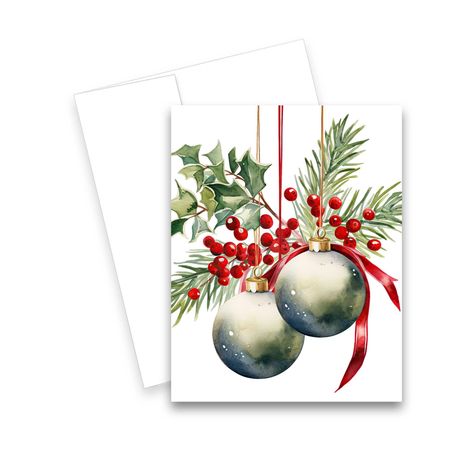 "These adorable cards with envelopes come in sets of 6, 12, or 24 and are printed on heave weight card stock. Choose from 2 card sizes, 5.5\"x 4.5\" or 5\"x 7\". The cards are blank on the inside, ready for your own special message. Great for any occasion to add that special touch, create heartwarming notes for birthdays, weddings, anniversary, just because, thank you, thinking of you, holidays, graduation, sympathy and get well cards. Details:  - Choose from 2 sizes 5.5\"x 4.5\" (A2)      or 5\ Christmas Ornament Cards, Watercolor Christmas Cards Diy, Painted Christmas Cards, Watercolour Cards, Christmas Note Cards, Christmas Card Ornaments, Christmas Note, Ornament Card, Christmas Card Art