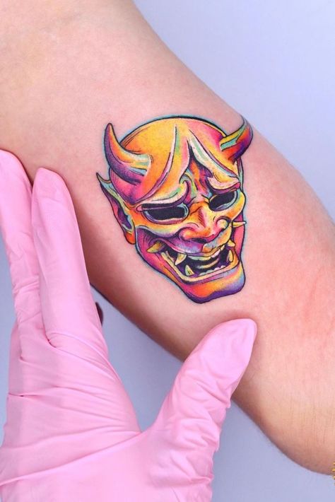 The Hannya Mask Tattoo - Get an InkGet an Ink Fancy Tattoo, Mask Tattoos, Japanese Mask Tattoo, Oni Mask Tattoo, Satanic Tattoos, Hannya Mask Tattoo, Green Tattoos, Surreal Tattoo, Hannya Mask