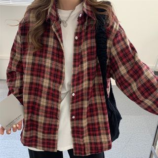 Plaid Shirt Outfits, Casual Blouse Shirts, Jacket Blouse, Plaid Shirt Women, Outfits 90s, Fashion Oversized, Red Plaid Shirt, Coat Women Fashion, Shirts Women Fashion