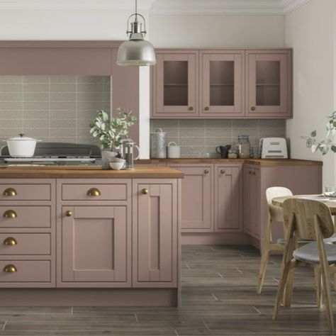 Mauve Kitchen Island, Dusty Pink Cabinets, Soft Pink Kitchen Cabinets, Pale Pink Cabinets, Pink Kitchen Units, Blush Pink Cabinets, Pink Rustic Kitchen, Blush Kitchen Cabinet, Pink Shaker Kitchen