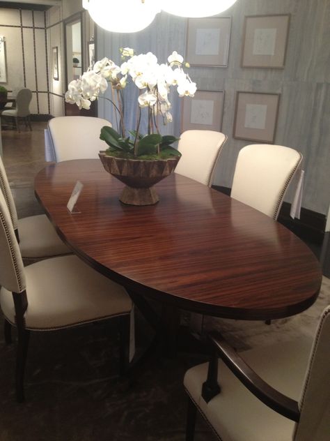 High Point Market 2012-Beautiful Oval Dining Table by Mr. and Mrs. Howard for Sherrill Furniture. Oval Dinner Table, Dinner Room Table, Dark Wood Dining Table, Oval Dining Room Table, Maple Table, Brass Console, Dining Area Decor, House Additions, Brass Console Table